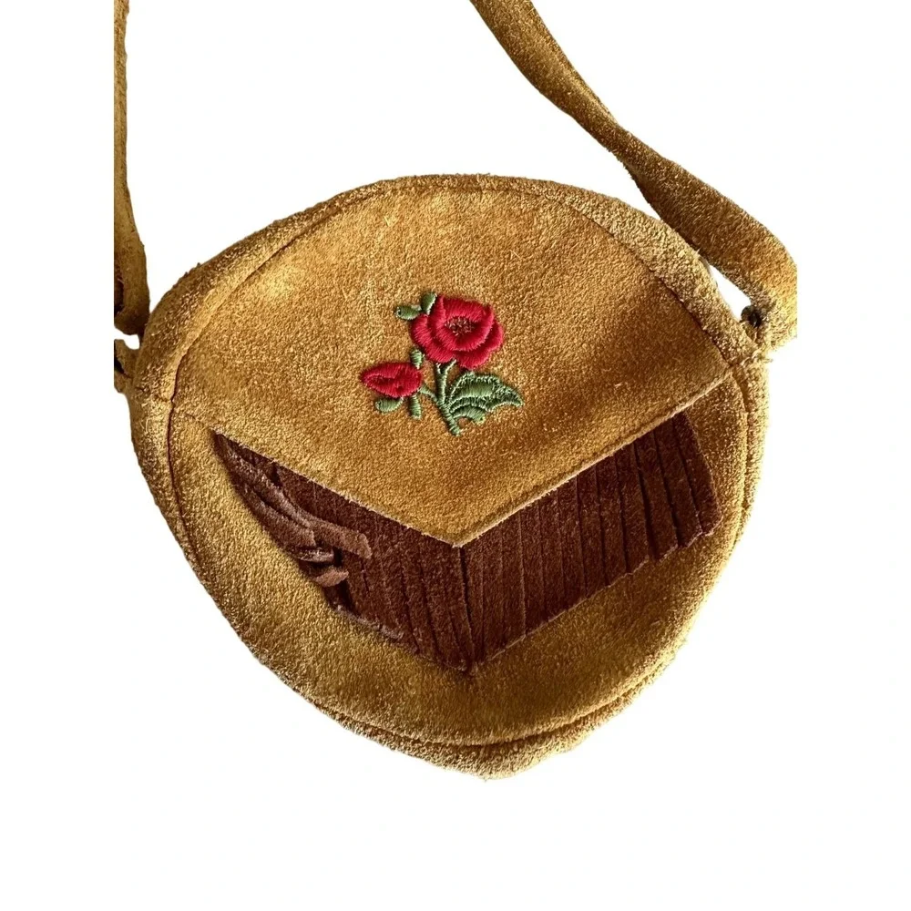 Vintage Brown Suede Mini Child Crossbody Bag With Floral Embroidery & Fringe Det